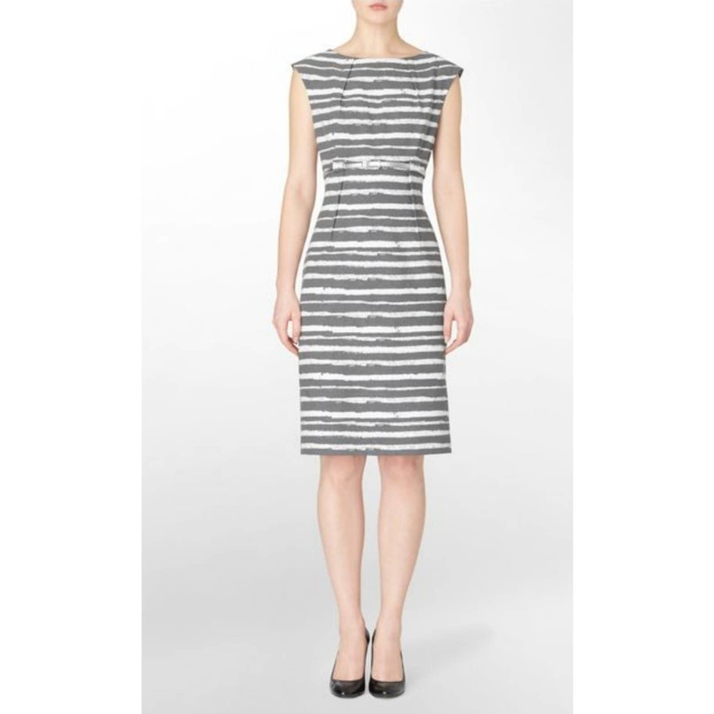 Calvin Klein Pleated & Belted Striped Sheath Dress in gray and white size 6